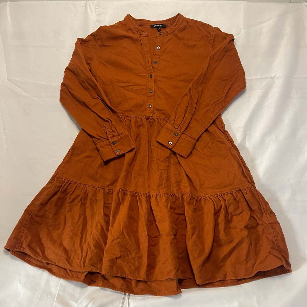 Madewell cottage-core, Flannel Tired Button-Down Mini Dress in Burnt Orange